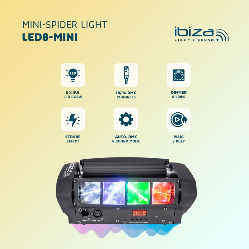 Effet lumineux LED Spider - 8 LED RVBB - Modes DMX & Audio éclairage