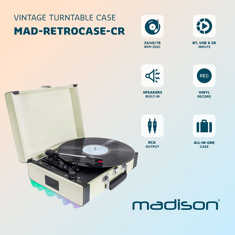 Mallette tourne disque Madison MAD-RETROCASE-CR avec BLUETOOTH, USB, SD