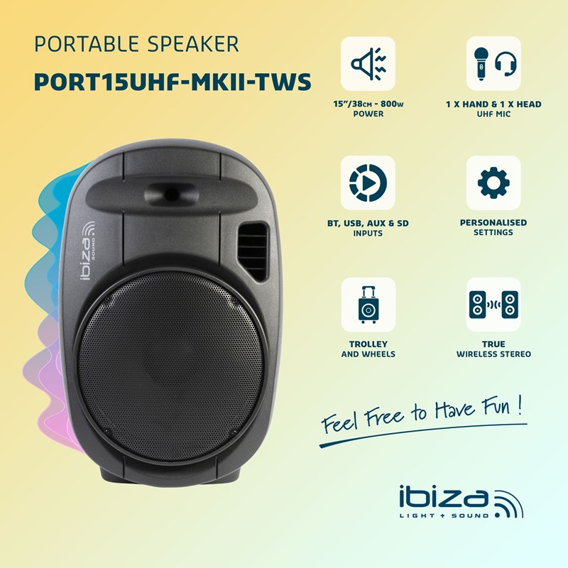 Enceinte Portable Autonome Avec USB, BT, SD - Ibiza Sound PORT15UHF-MKII-TWS 800w