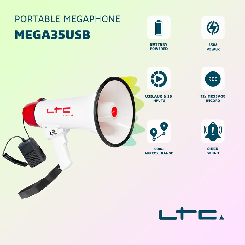 Mégaphone 35W avec USB, SD, AUX et batterie rechargeable événement