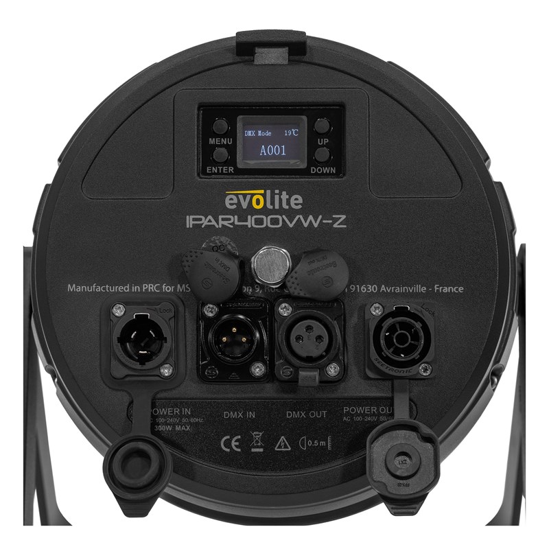 Projecteur LED 300W - Zoom 10°-50° - IP65 DMX/RDM - Evolite - IPAR400VW-Z connectiques