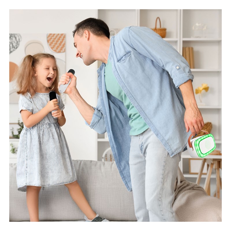 Enceinte Karaoké portable - 2 micros sans fil, BT, USB & effets lumineux jeune