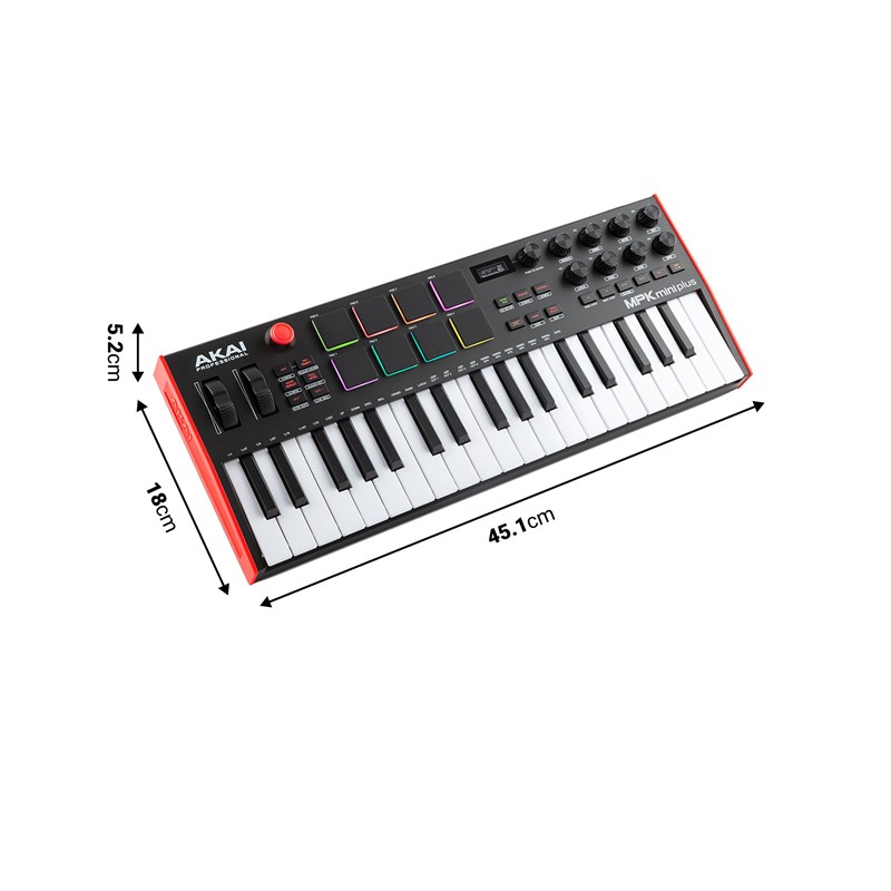 Clavier Maitre MIDI 37 Touches Mini-Notes 8 Pads RVB 8 Encodeurs - Akai MPKMINIPLUS - dimensions