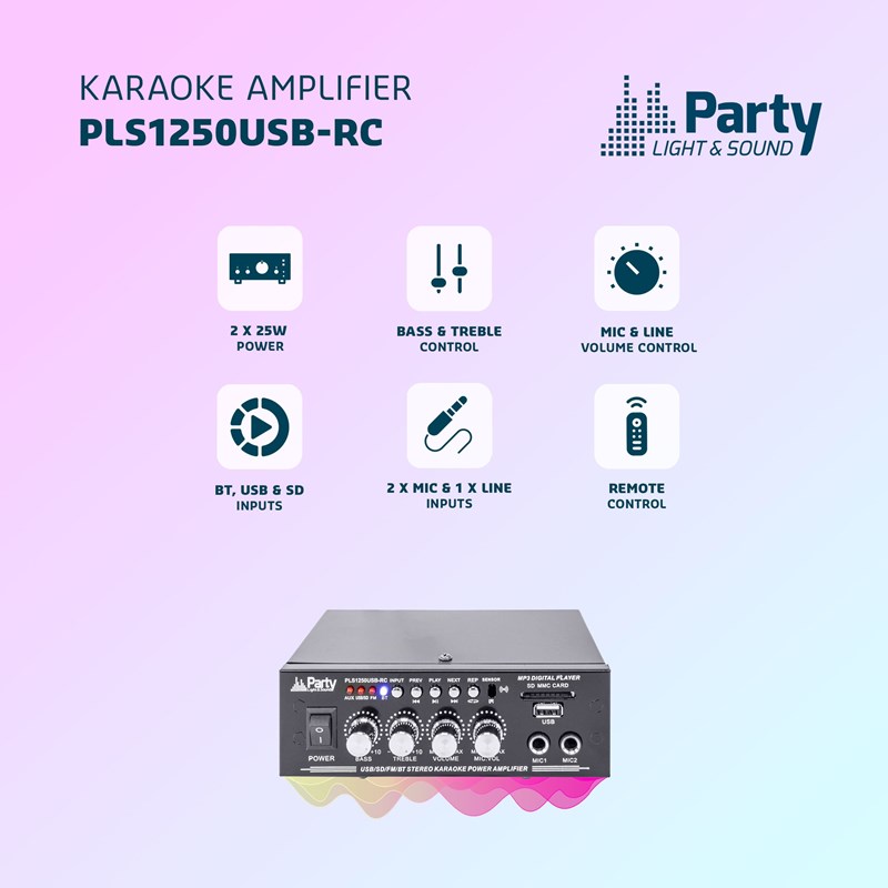 Amplificateur Karaoké 2x25W - BT, USB/SD & FM - Télécommande incluse ampli
