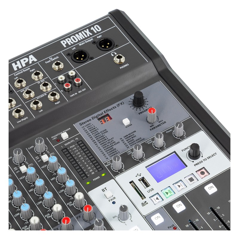 Console de mixage 10 canaux avec multi-effets, USB 2.0, Bluetooth et lecteur MP3/SD - affichage