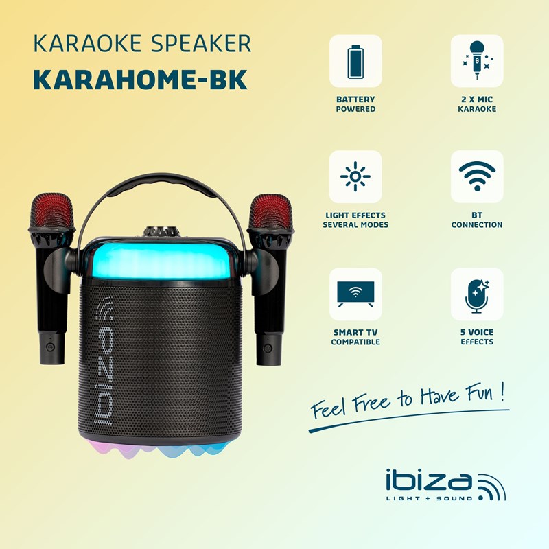 Enceinte BT Karaoké 120W - 2 micros sans fil, effets LED & vocaux - Noir effet