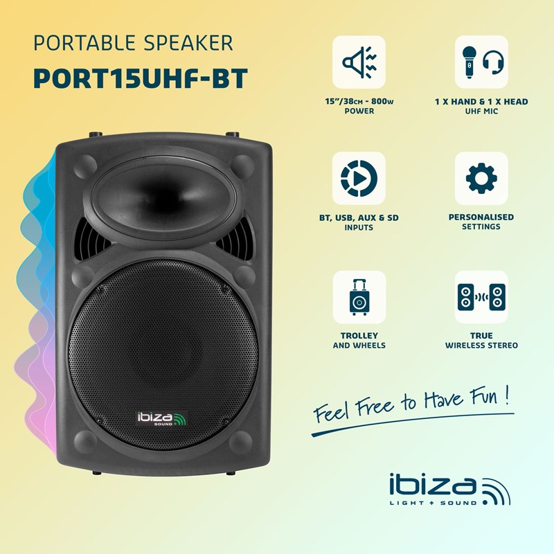 Système portable 15”/38cm - 800W - Micro main et micro tête UHF - TWS bluetooth