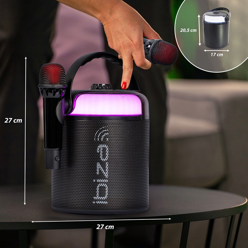 Enceinte BT Karaoké 120W - 2 micros sans fil, effets LED & vocaux - Noir soirée