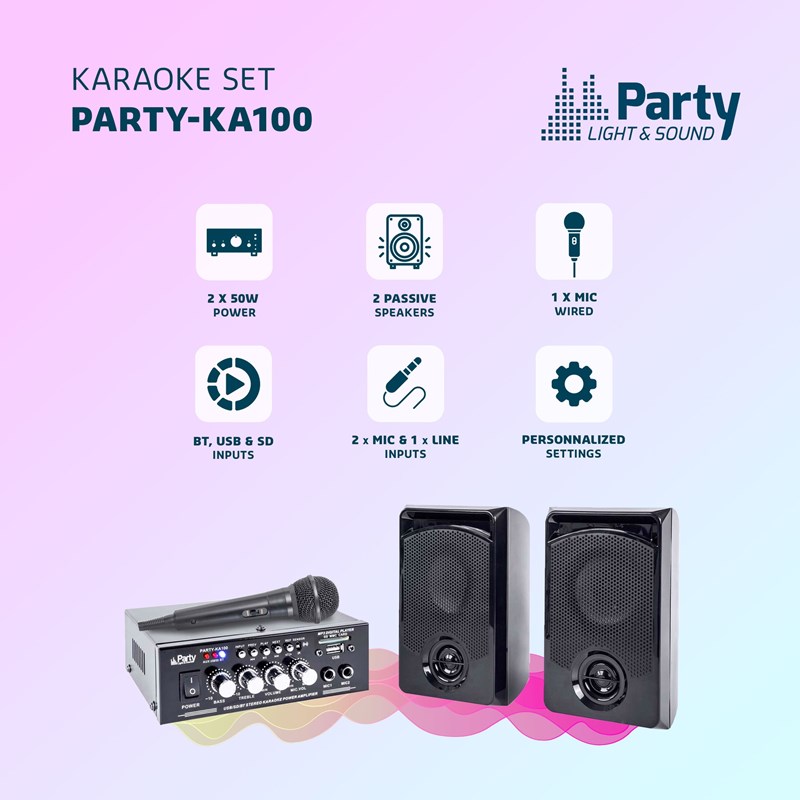 Kit Karaoké complet - Ampli 2x50W, 2 enceintes, micro, BT & USB bluetooth