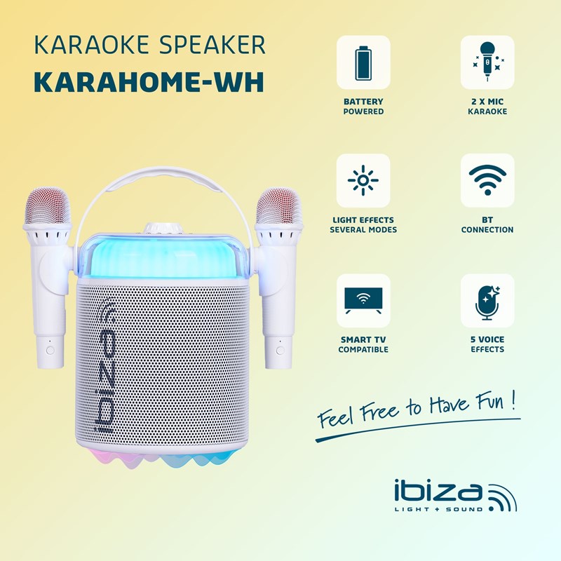Enceinte BT Karaoké 120W - 2 micros sans fil, effets LED & vocaux - Blanc fête