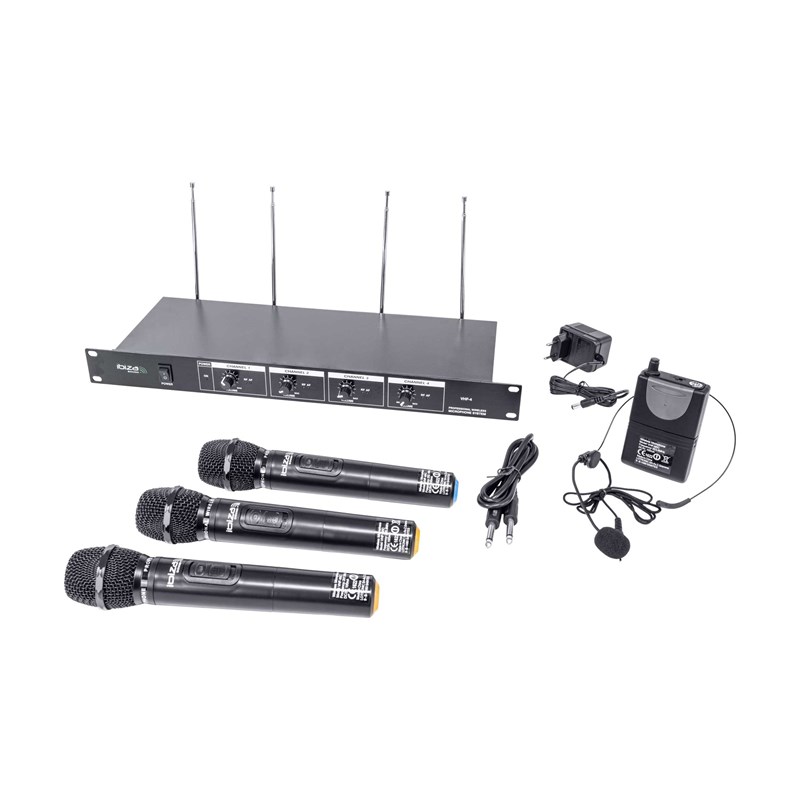 Système micro sans fil VHF 4 canaux - 3 micros main + 1 micro tête guitare