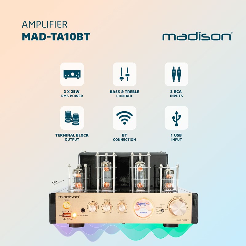 Amplificateur stéréo à tubes 2x25W - USB & Entrées Ligne - Design vintage