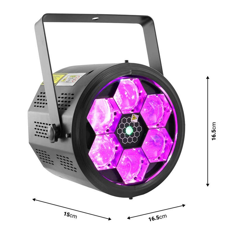 Effet LED rotatif + laser vert multipoint - auto & DMX - BEE-FX LZR dimensions