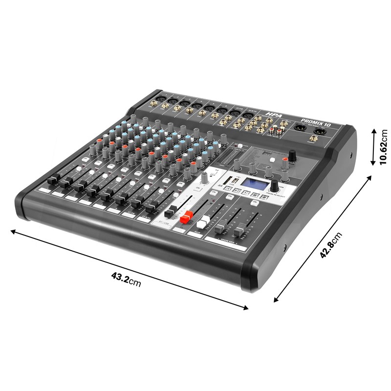 Console de mixage 10 canaux avec multi-effets, USB 2.0, Bluetooth et lecteur MP3/SD - dimensions