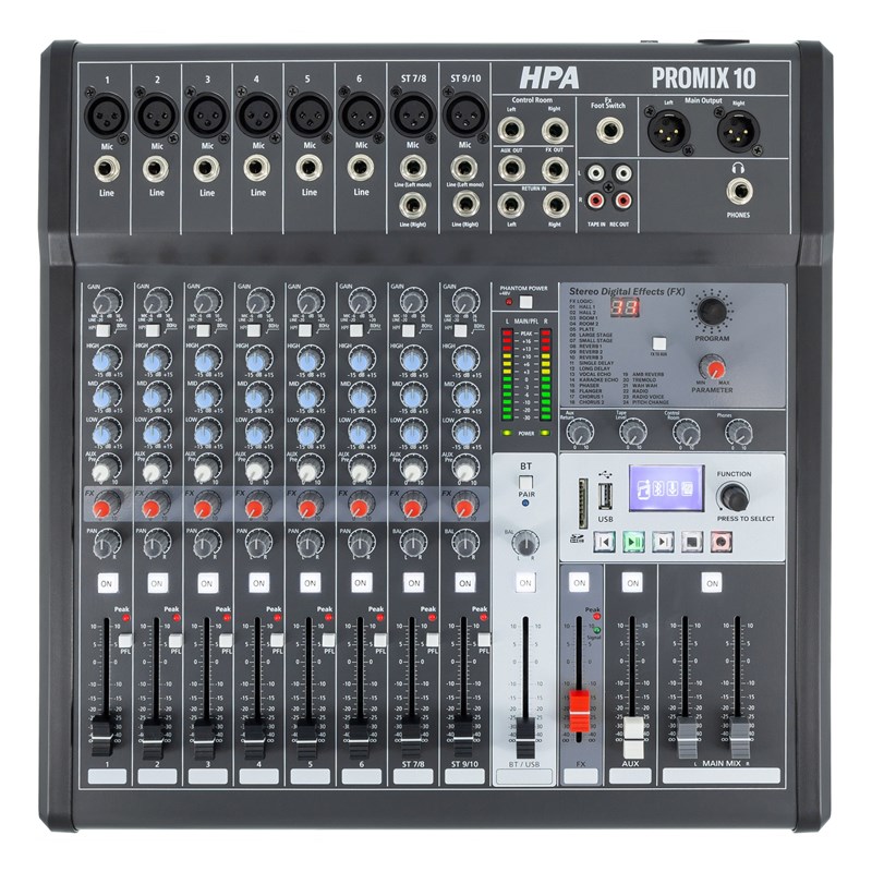 Console de mixage 10 canaux avec multi-effets, USB 2.0, Bluetooth et lecteur MP3/SD - facade