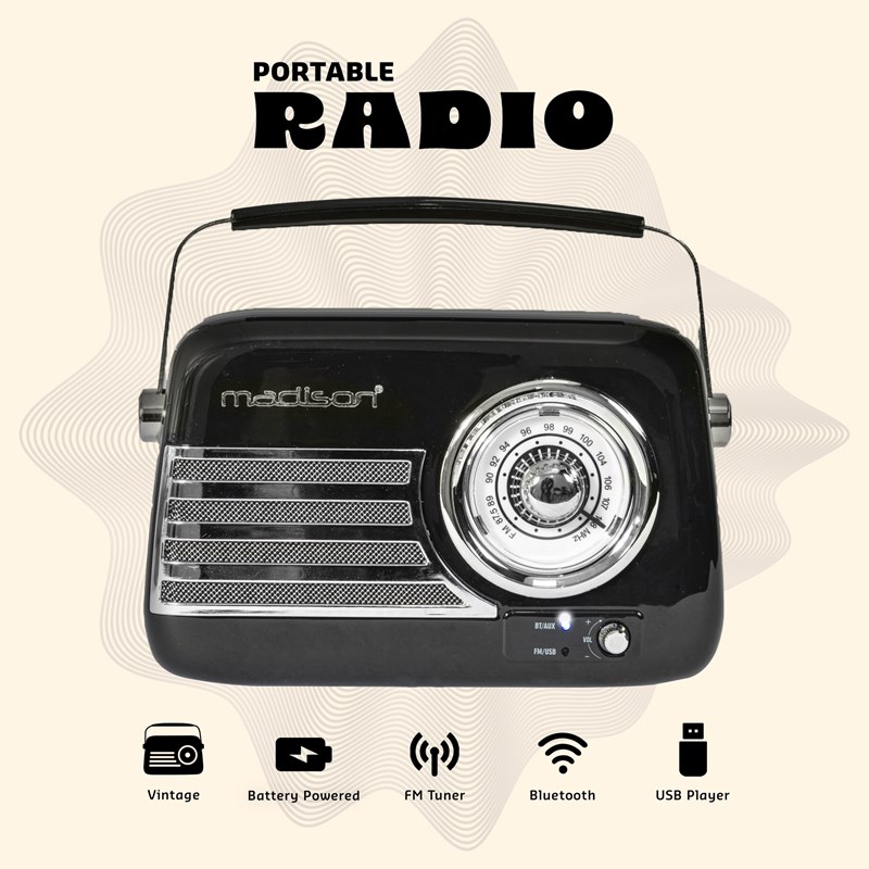Radio vintage sur batterie - BT, USB & FM - 30W - Noir audio