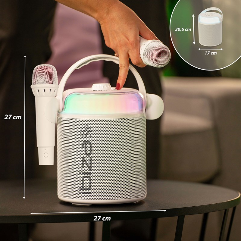 Enceinte BT Karaoké 120W - 2 micros sans fil, effets LED & vocaux - Blanc musique