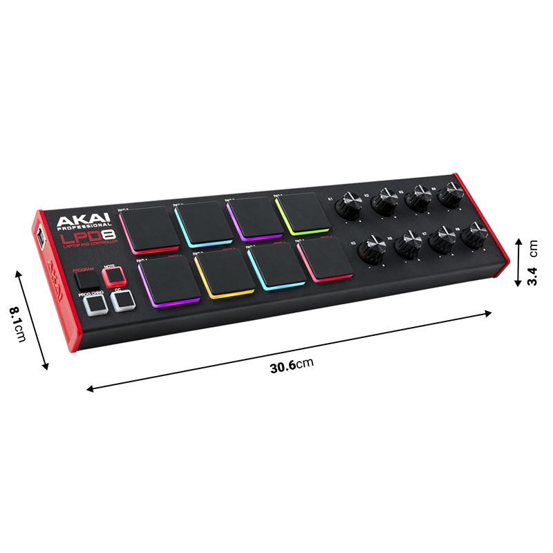 Contrôleur MIDI compact - 8 pads RVB + 8 potards USB - dimensions