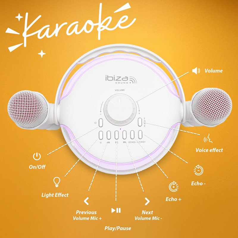 Enceinte BT Karaoké 120W - 2 micros sans fil, effets LED & vocaux - Blanc anniversaire