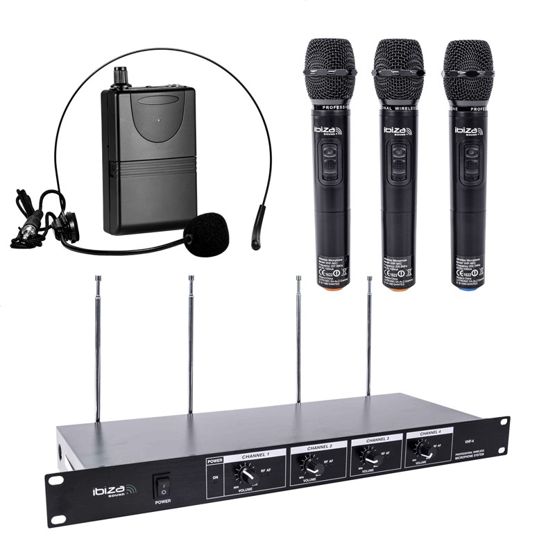 Système micro sans fil VHF 4 canaux - 3 micros main + 1 micro tête microphone