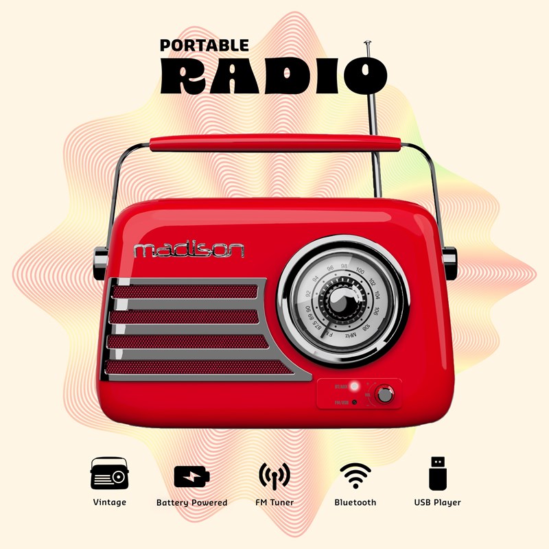Radio vintage sur batterie - BT, USB & FM - 30W - Rouge