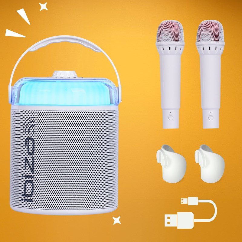 Enceinte BT Karaoké 120W - 2 micros sans fil, effets LED & vocaux - Blanc lumineux