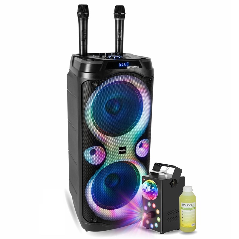 Pack Enceinte Karaoké Bluetooth 1000W - 2 Micros - Machine Fumée 700W - Effet Astro Fête