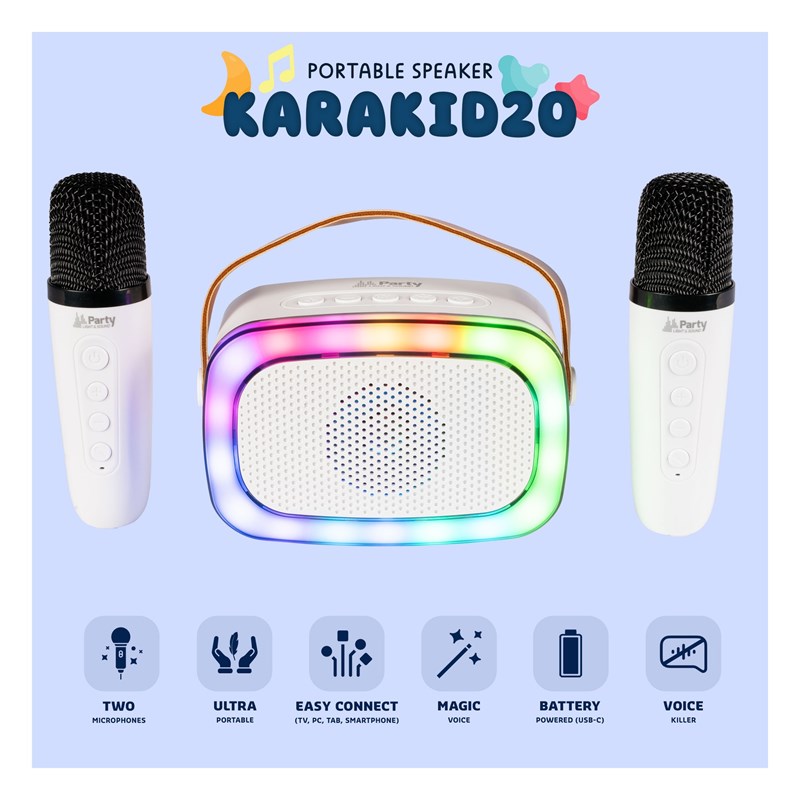 Enceinte Karaoké portable - 2 micros sans fil, BT, USB & effets lumineux junior