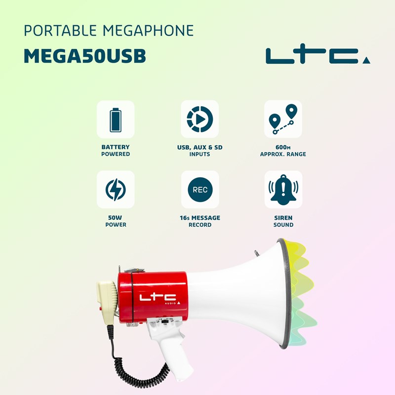 Mégaphone 50W avec USB, SD, AUX et batterie rechargeable manifestation