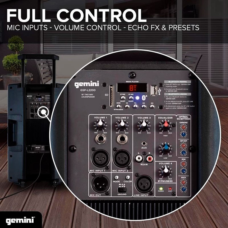 Enceinte active Bluetooth 15” 2200W - Pied - Micro sono