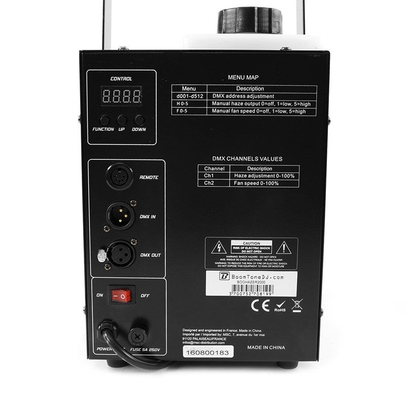 Machine brouillard 1000W pro avec DMX et télécommande - Hazer 2000 connectique