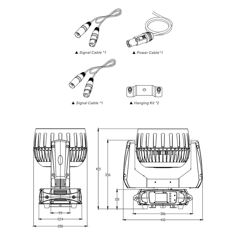 AFX  Lyre Wash 19 LED 40W RGBW avec zoom et effets - dimensions/accessoires
