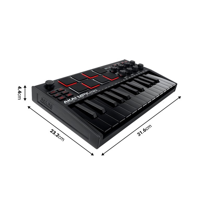 Clavier MIDI USB 25 Mini Notes 8 Pads Écran OLED - Akai KAP MPKMINI3BK - dimensions