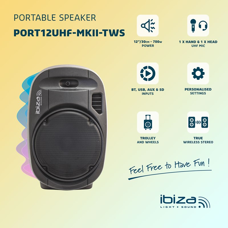 Enceinte Portable Autonome avec Micros Sans Fil - Ibiza Sound PORT12UHF-MKII-TWS tws batterie
