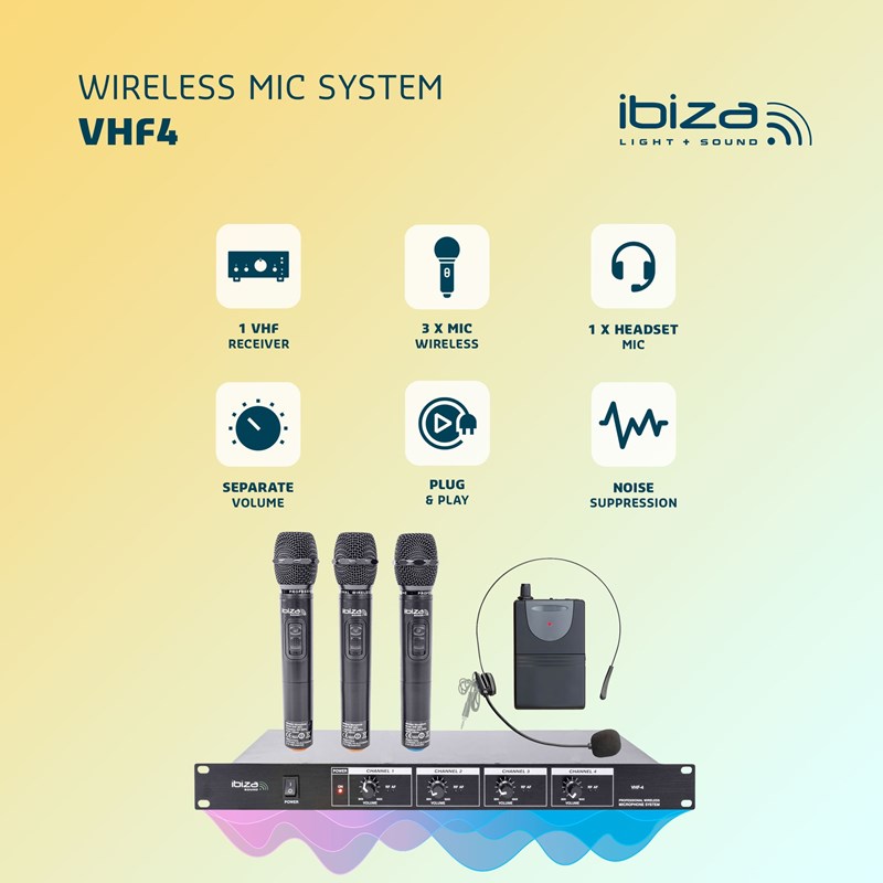 Système micro sans fil VHF 4 canaux - 3 micros main + 1 micro tête casque