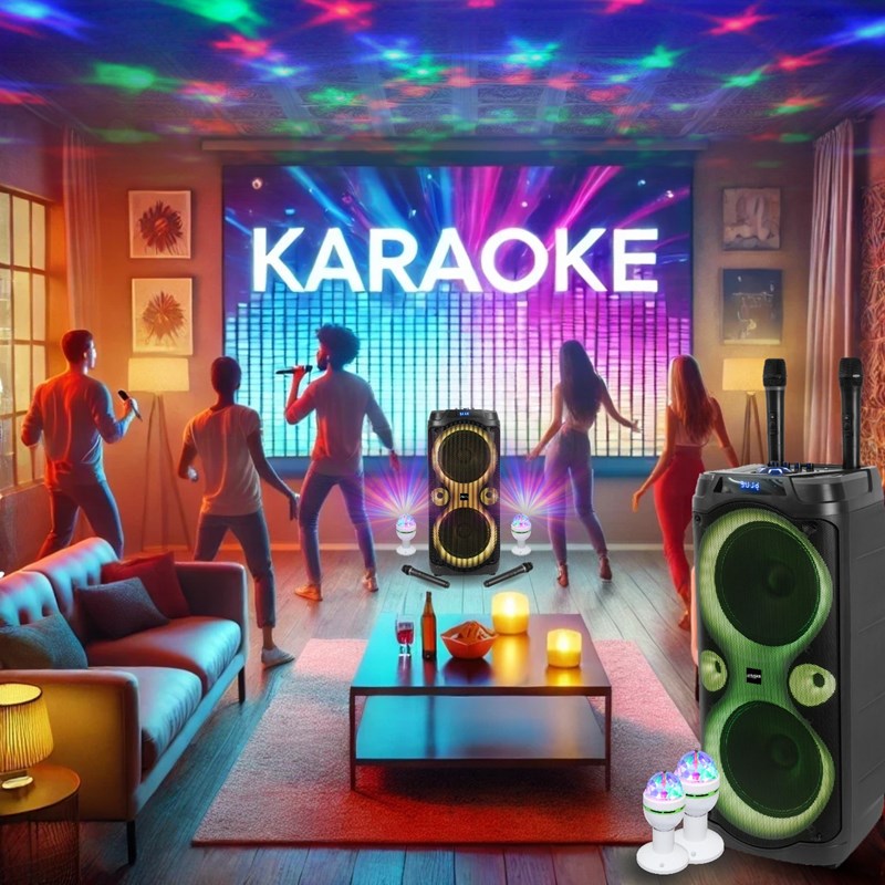 Pack Enceinte Karaoké Bluetooth 1000W - 2 Micros Sans Fil - 2 Effets Rotatifs