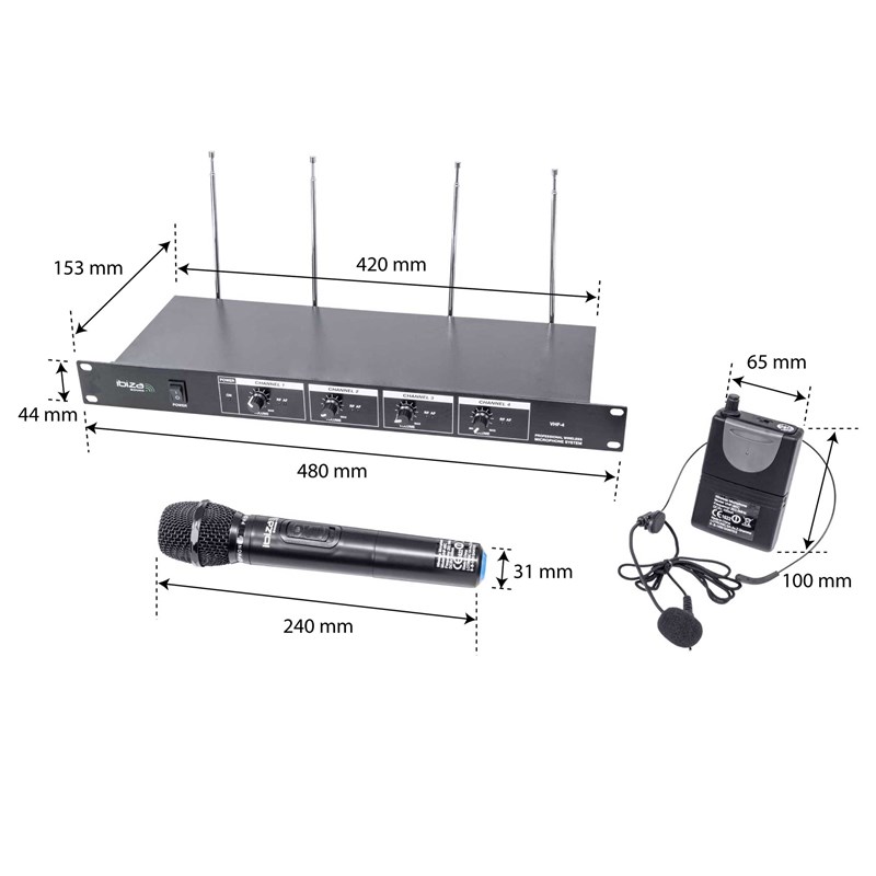 Système micro sans fil VHF 4 canaux - 3 micros main + 1 micro tête présentation