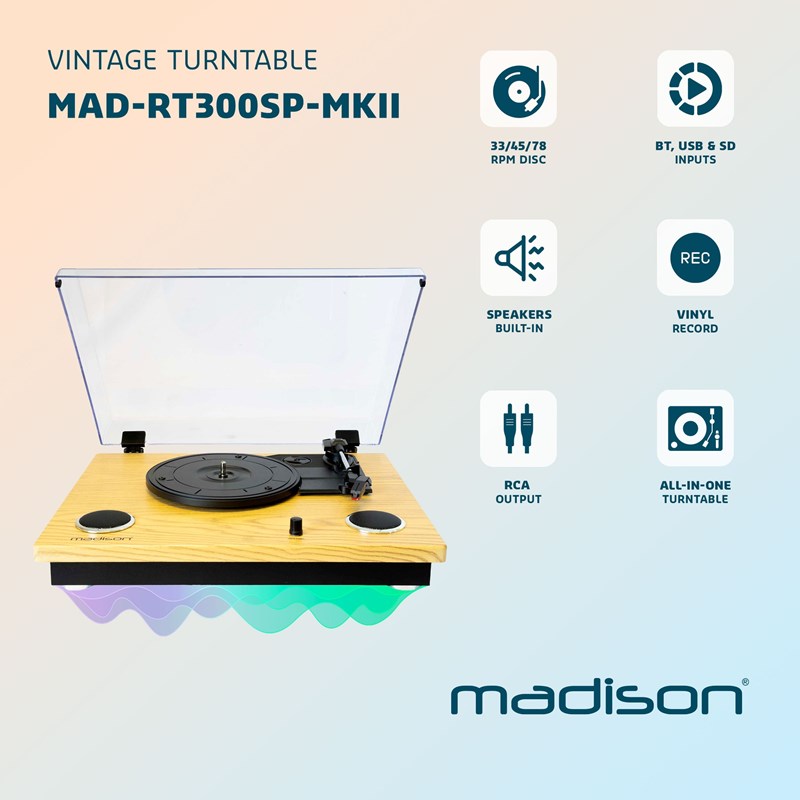 Platine vinyle vintage - Haut-parleurs intégrés - BT, USB/SD & Enregistrement lecteur