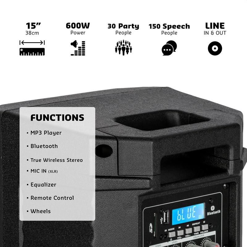 Enceinte Sono Active de 15"/38cm - 600W - BT, USB - TWS soirée