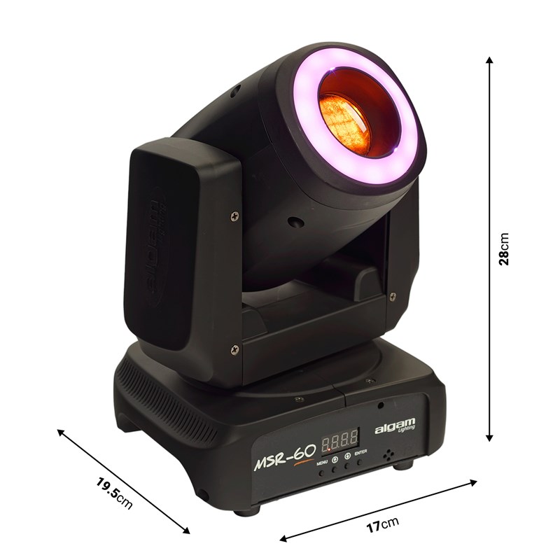 Lyre Spot LED 60W compacte - 8 gobos - Prisme & anneau RGB - dimension