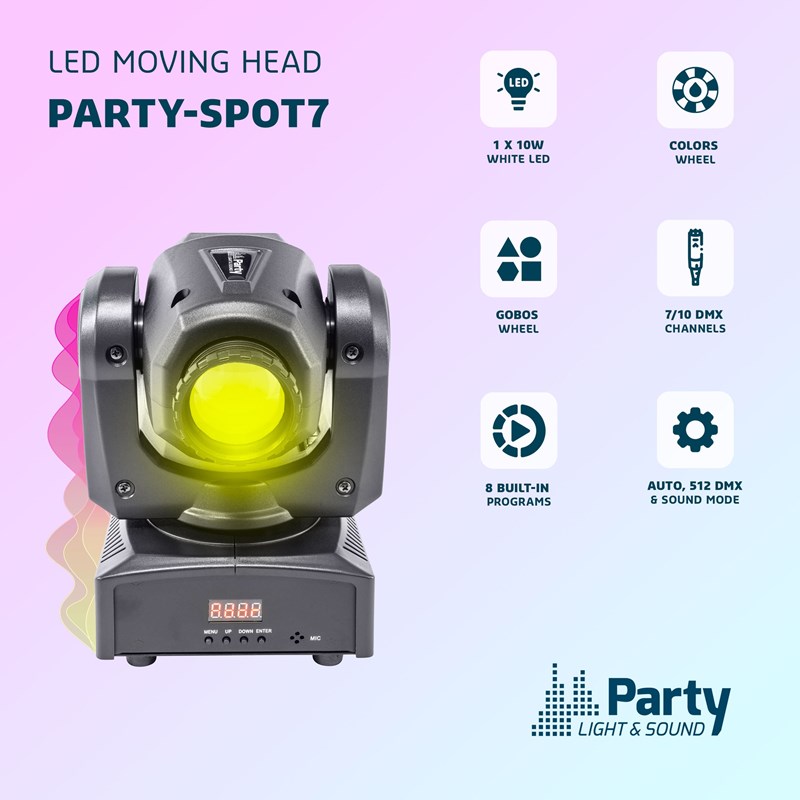 Lyre LED blanche 10W - 7 gobos, 7 couleurs, DMX mobile