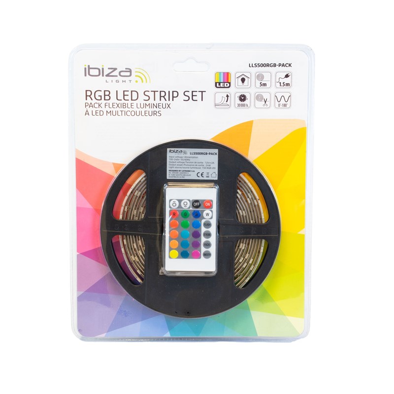 Ruban LED flexible RVB IP44 - 5m - Télécommande incluse - package
