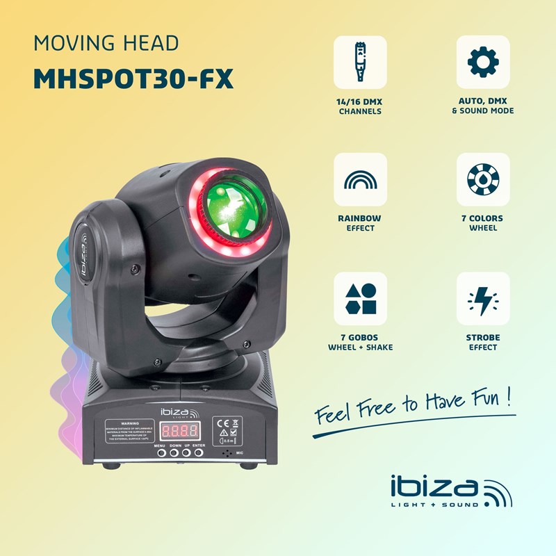 Lyre SPOT avec Anneau d'effets LED RVB - 30W - DMX gobos