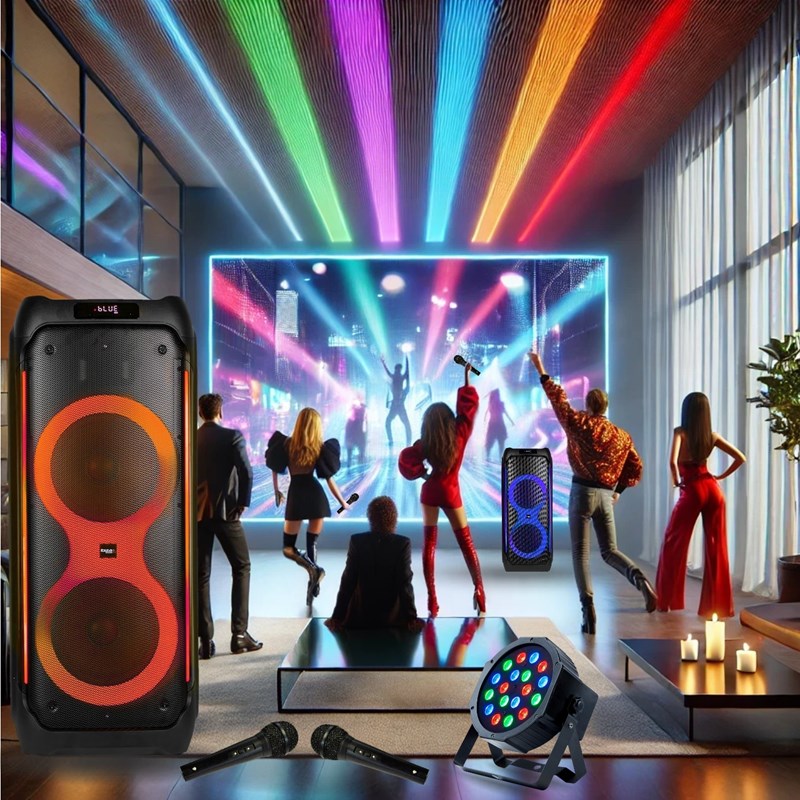 Pack Enceinte Karaoke Bluetooth 1200W - Projecteur PAR LED - 2 Micros